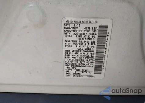 2016 Nissan Rogue Sv z USA, uszkodzony, nr VIN JN8AT2MV5GW137993